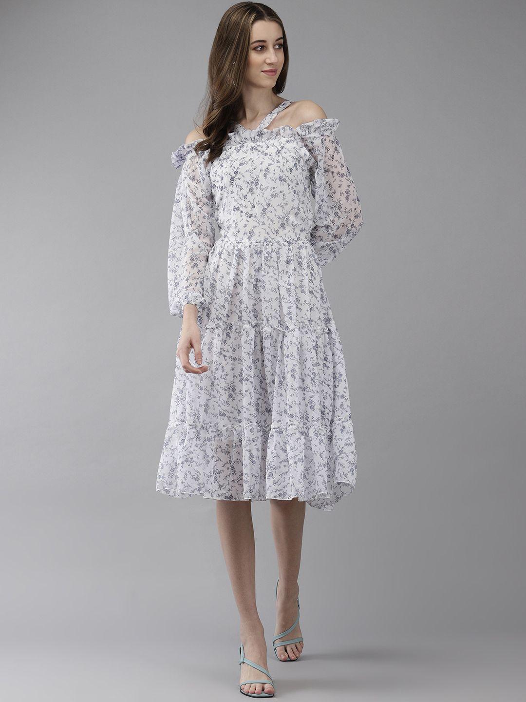 aarika floral print off-shoulder puff sleeve georgette a-line dress
