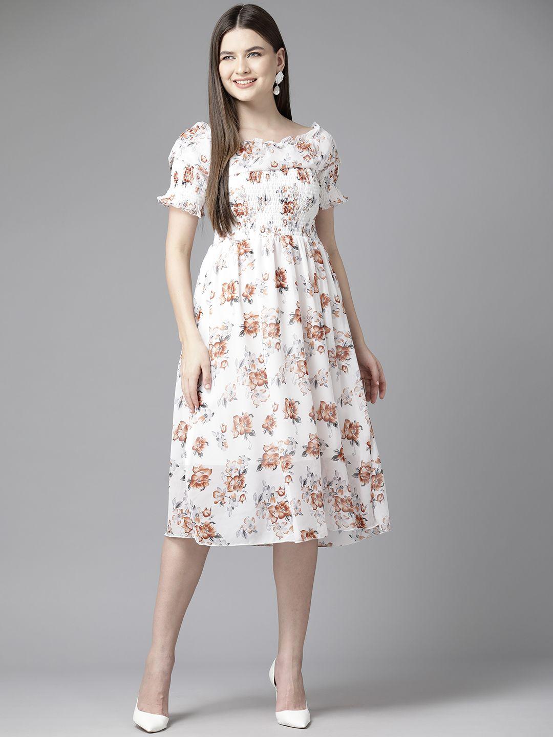 aarika floral print off-shoulder puff sleeves smocked georgette fit & flare dress