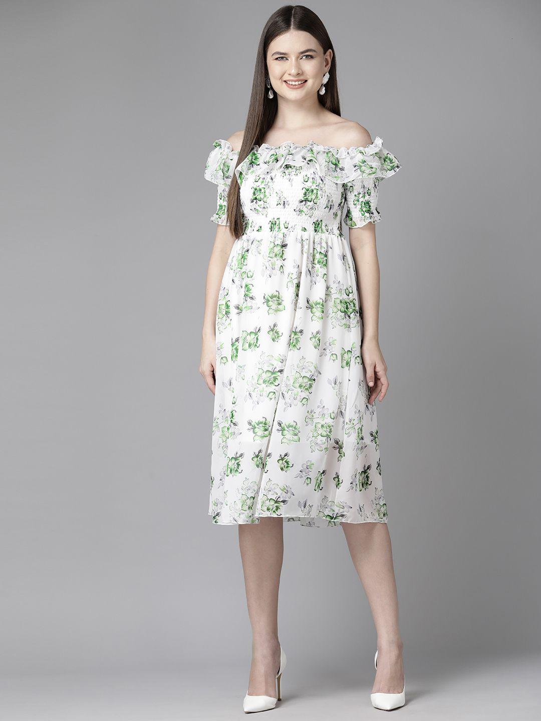 aarika floral print off-shoulder smocked georgette fit & flare dress