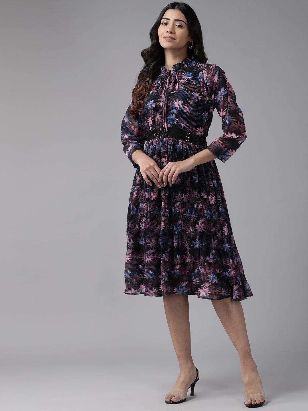 aarika floral print tie-up neck georgette a-line midi dress