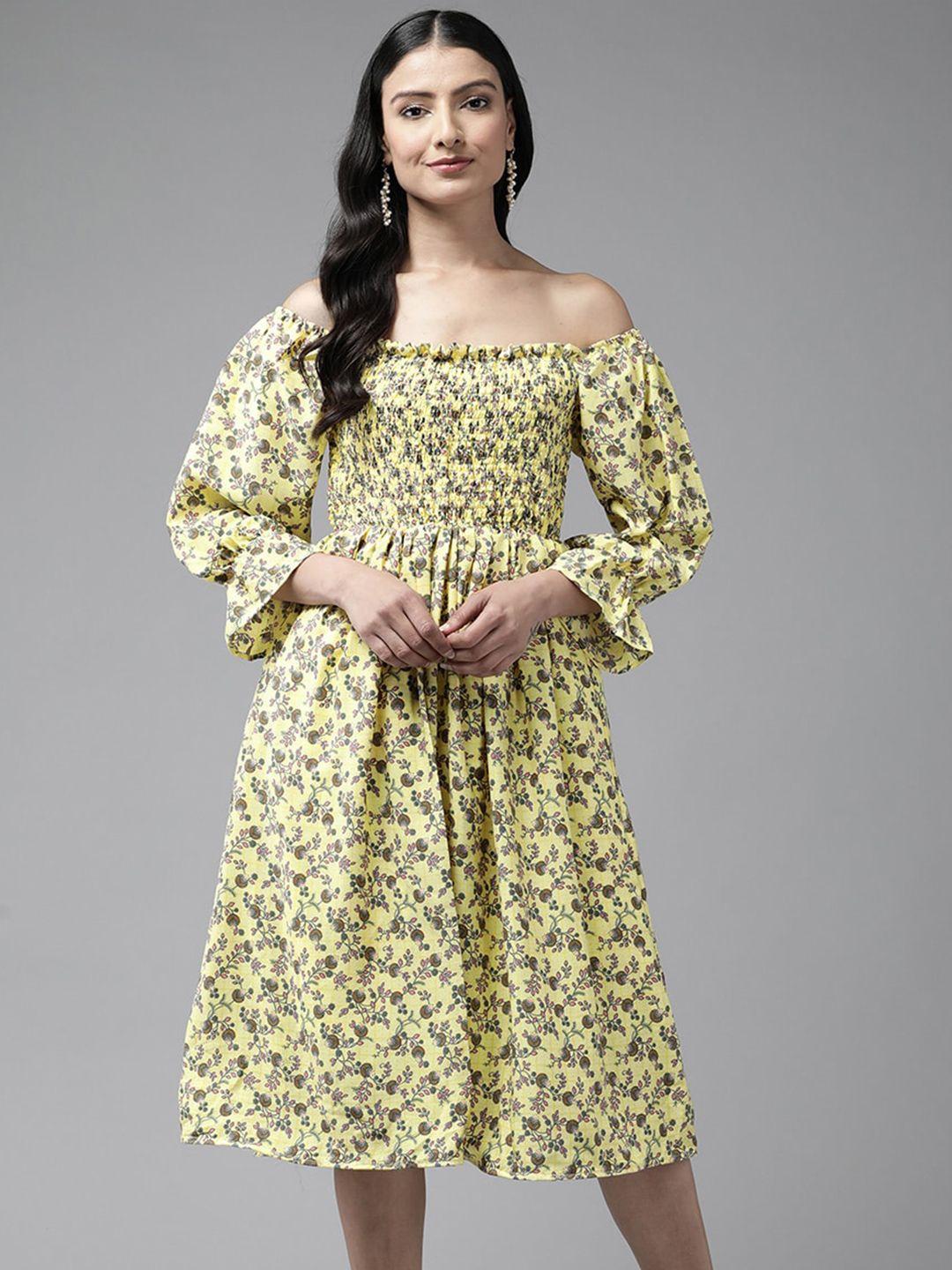 aarika floral printed georgette smocked bell sleeves a-line dress