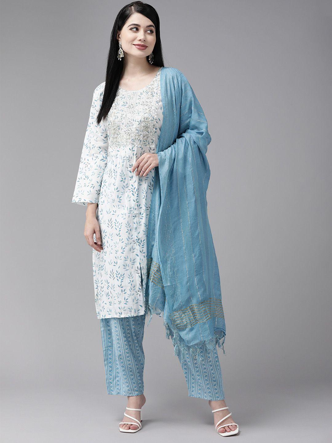 aarika floral printed regular sequinned pure cotton kurta with trousers & dupatta