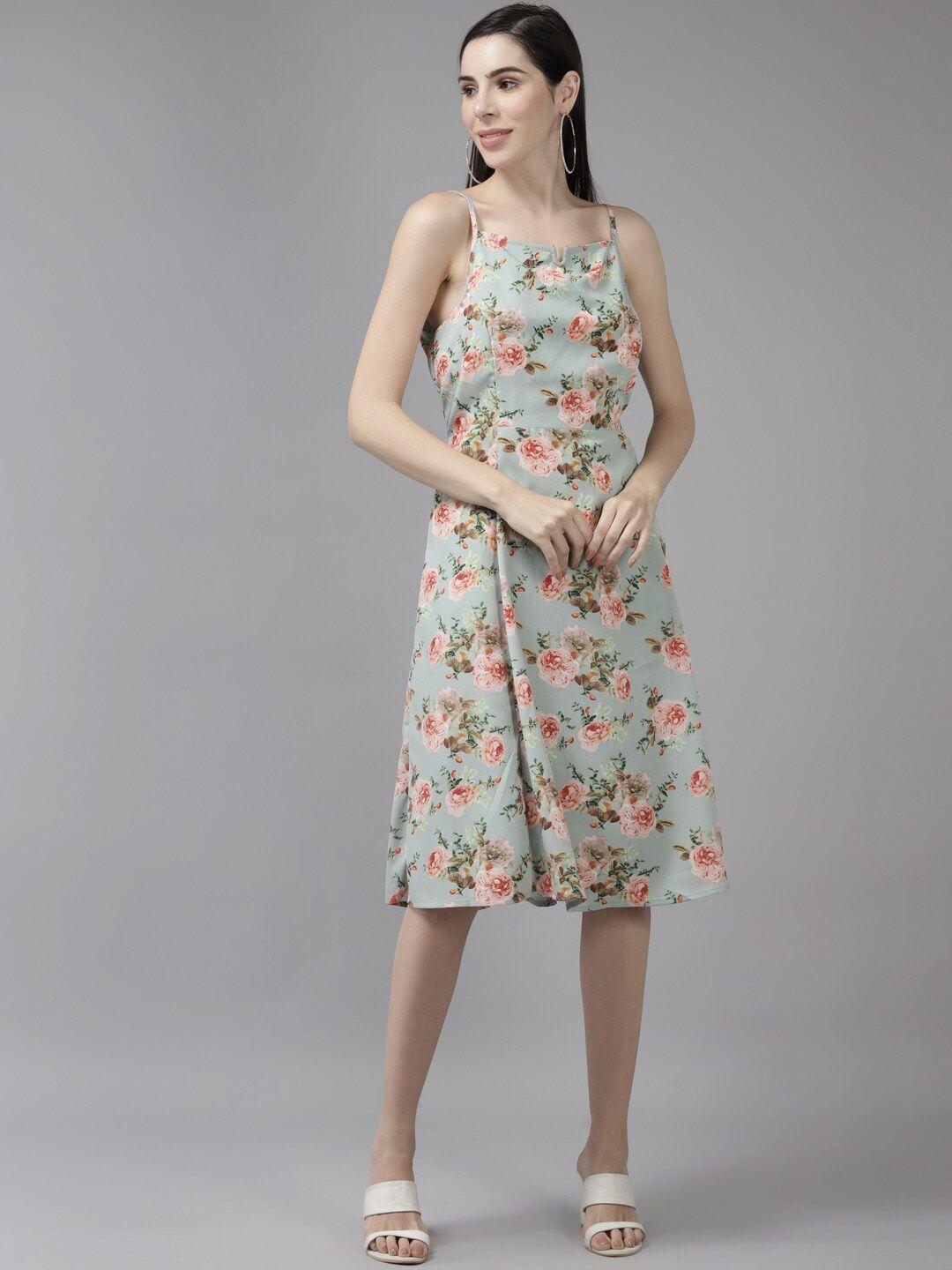 aarika floral printed shoulder straps midi dress