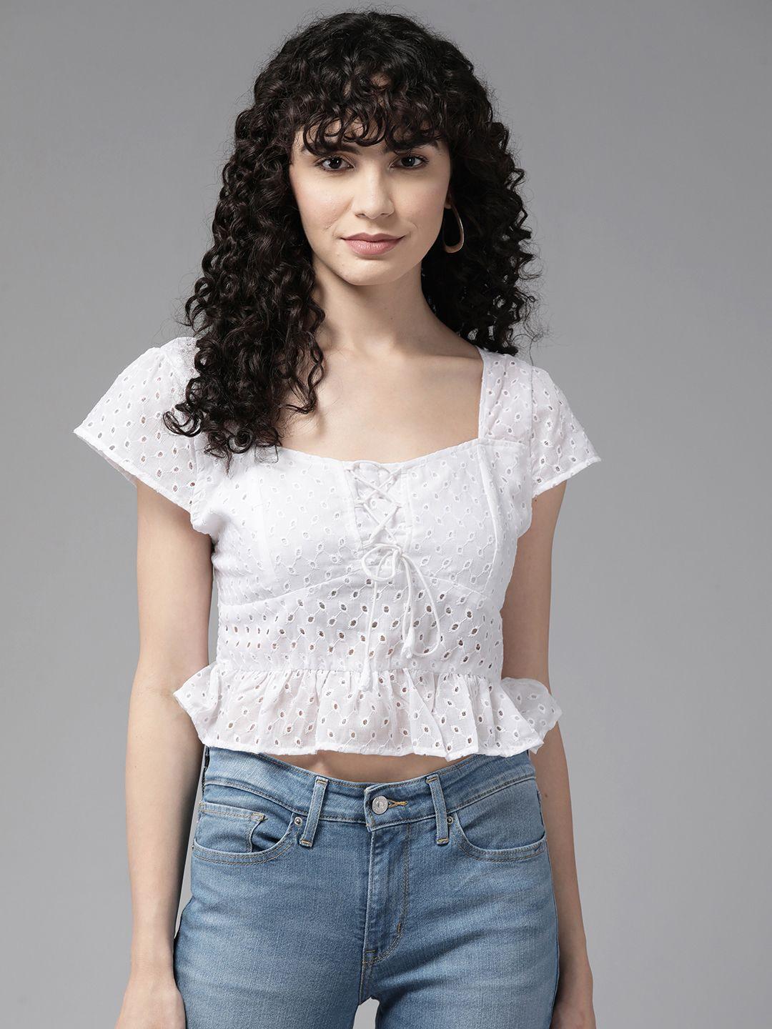 aarika geometric embroidered cotton smocked peplum crop top