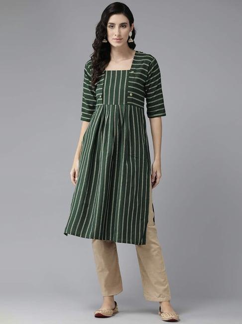 aarika green & beige cotton striped kurta pant set