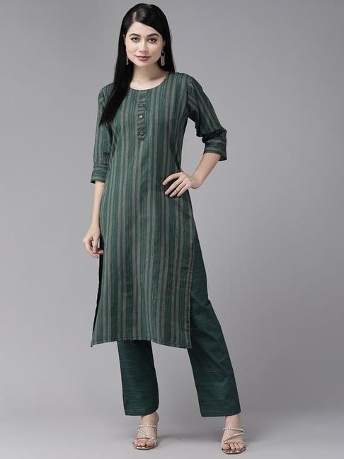 aarika green cotton striped kurta pant set