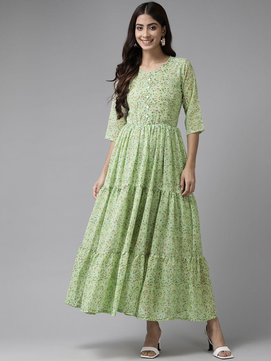 aarika green floral print georgette fit & flare maxi dress