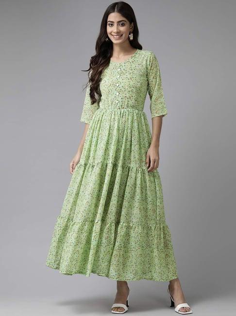 aarika green floral print maxi dress