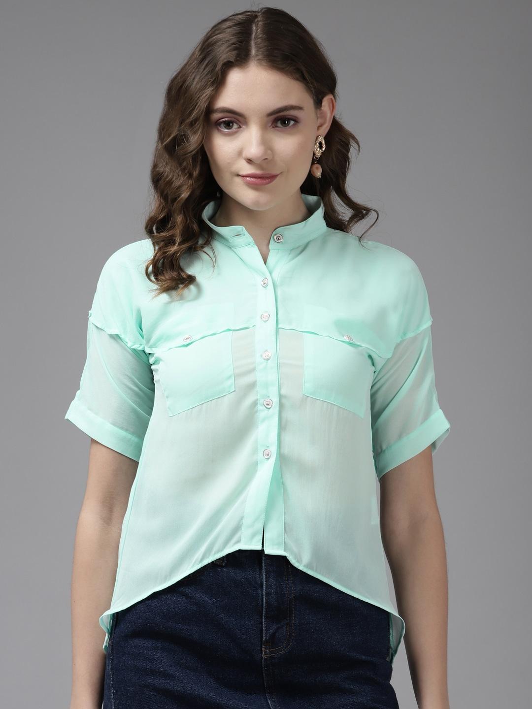 aarika green mandarin collar georgette shirt style top