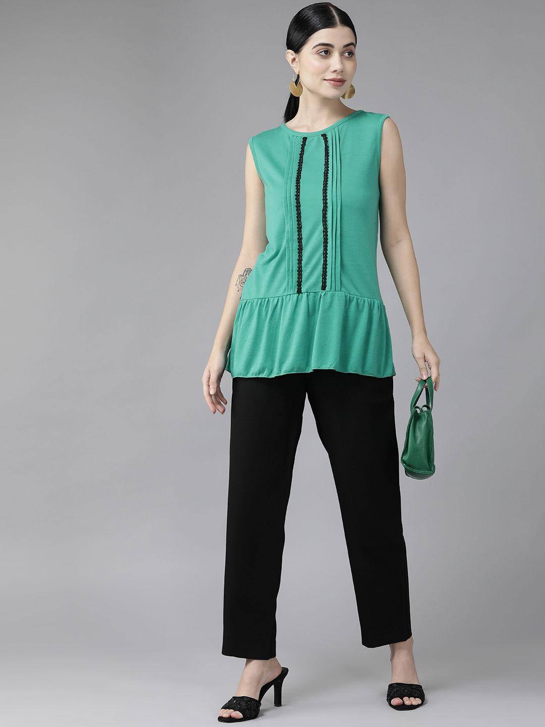 aarika green top with ruffled hem