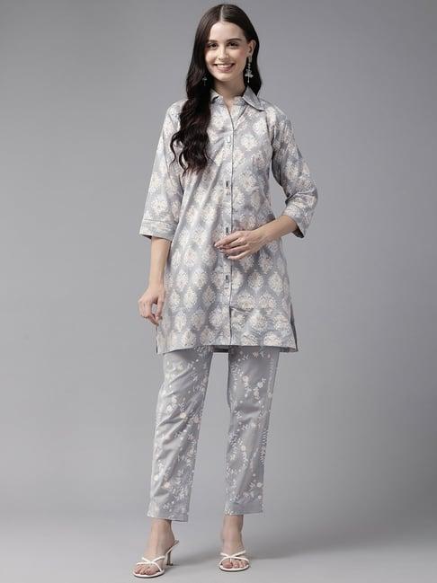 aarika grey cotton printed kurti pant set