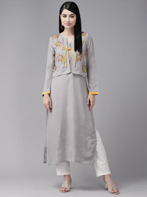 aarika grey embroidered straight kurta with jacket