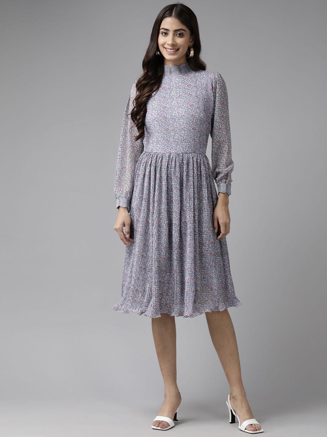 aarika grey floral print georgette fit & flare dress