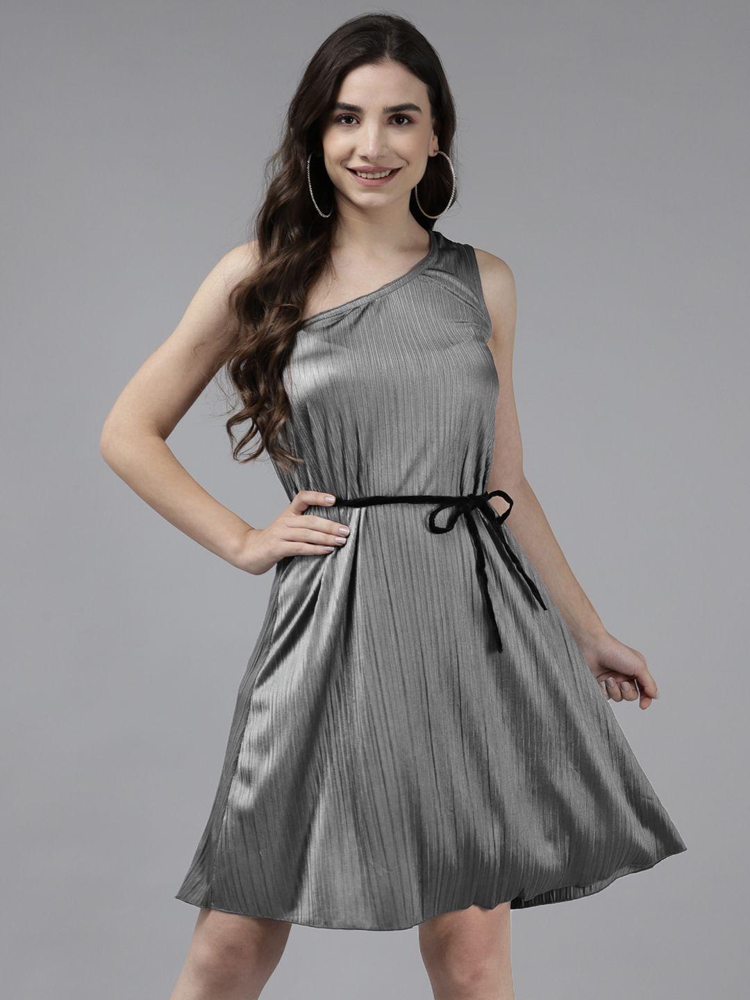 aarika grey one shoulder georgette a-line mini dress