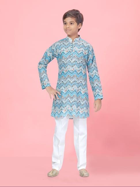 aarika kids boys blue-white colour silk printed kurta pyjama set