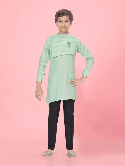 aarika kids boys green-black colour cotton solid kurta pyjama set