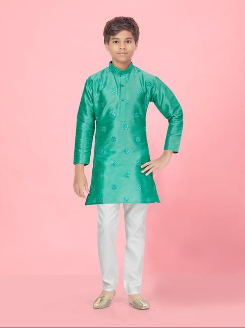aarika kids boys green-cream color kurta pyjama set