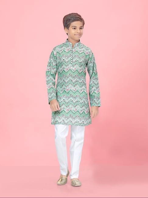 aarika kids boys green-white colour silk printed kurta pyjama set