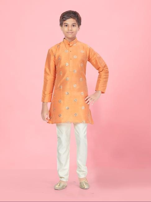aarika kids boys peach-cream color kurta pyjama set