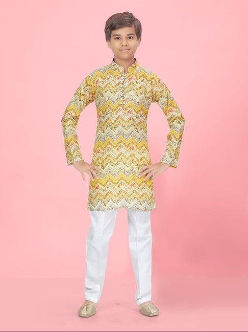 aarika kids boys yellow-white colour silk printed kurta pyjama set