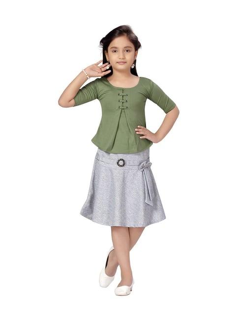 aarika kids green & grey regular fit skirt set