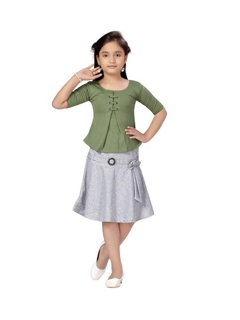 aarika kids green & grey solid top with skirt