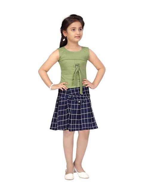 aarika kids green & navy regular fit skirt set