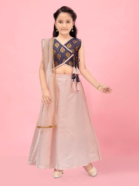 aarika kids navy & dusty pink printed lehenga, choli with dupatta