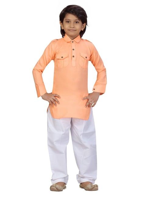 aarika kids peach & white solid full sleeves pathani kurta with pyjamas