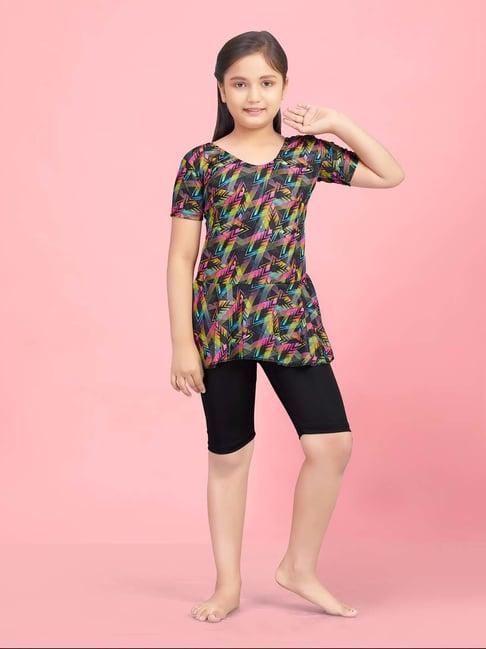 aarika kids pink & black printed swimming top set