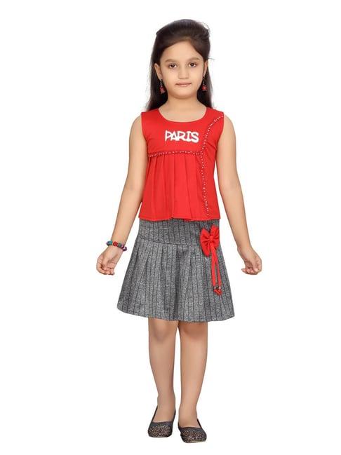 aarika kids red & grey printed top with skirt