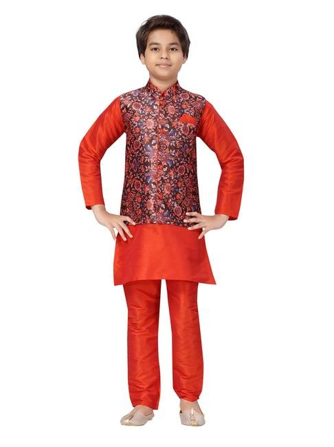 aarika kids red floral print full sleeves kurta, waistcoat with pyjamas