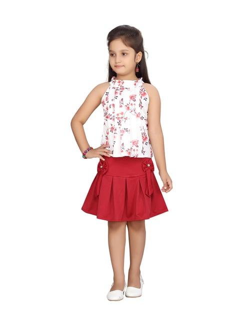 aarika kids white & maroon floral print top & skirt