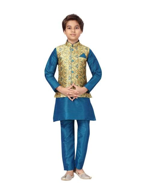 aarika kids yellow & blue floral print full sleeves kurta set