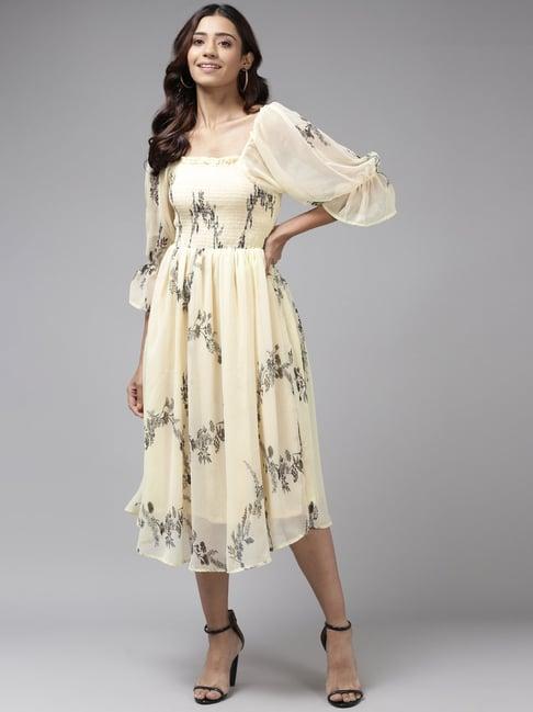 aarika lemon yellow floral print a-line dress