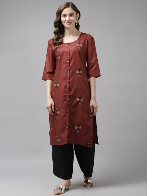 aarika maroon cotton embroidered straight kurta