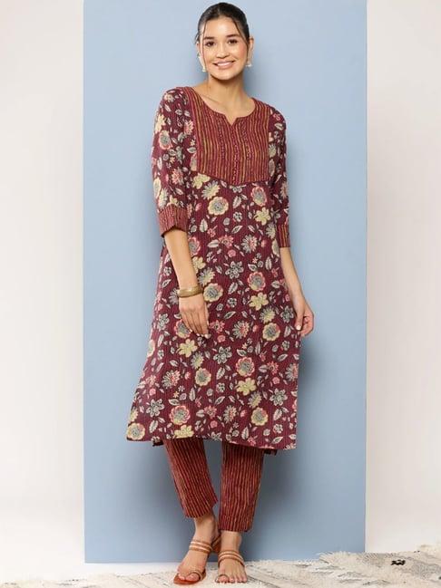 aarika maroon cotton floral print kurta pant set
