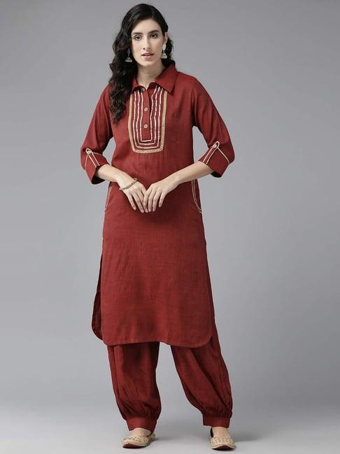 aarika maroon embroidered kurta salwaar set with potli