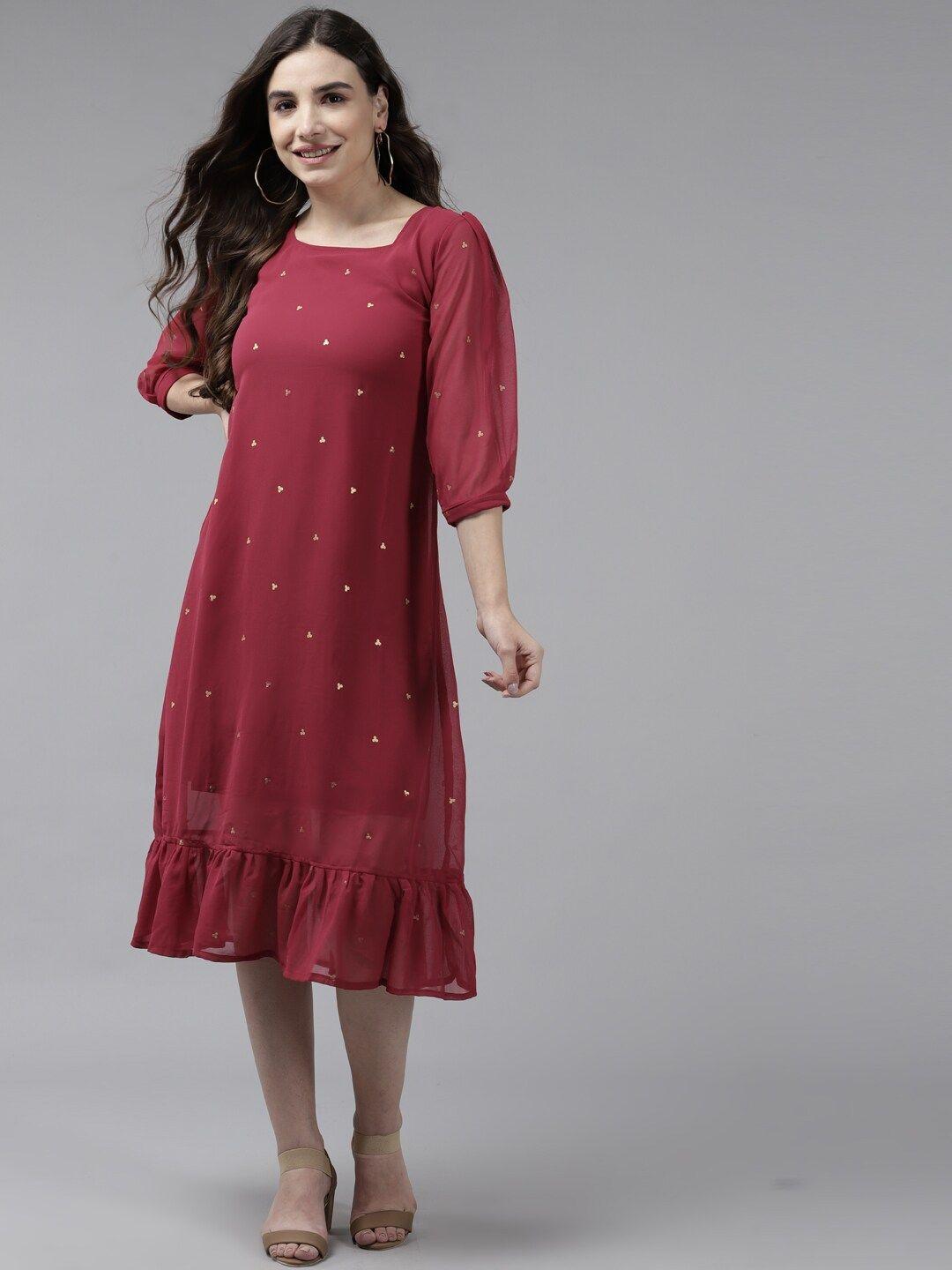 aarika maroon print puff sleeve georgette a-line midi dress