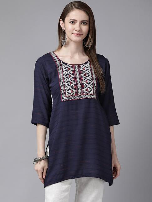 aarika navy cotton embroidered straight kurti