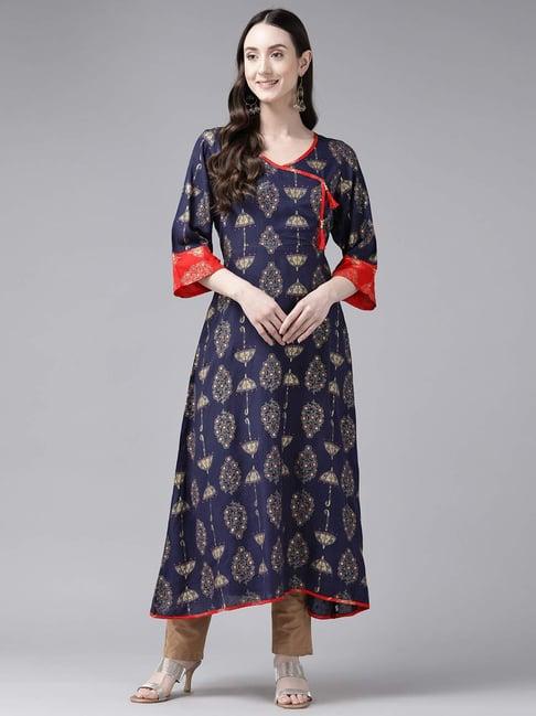 aarika navy cotton printed a line kurta