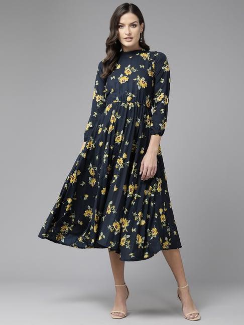 aarika navy floral print a-line dress