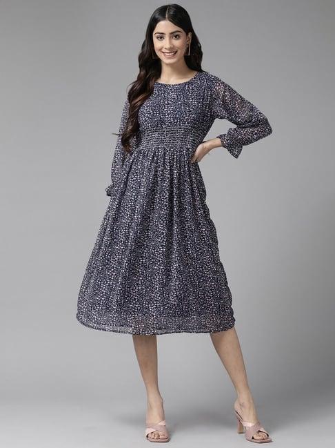 aarika navy printed a-line dress