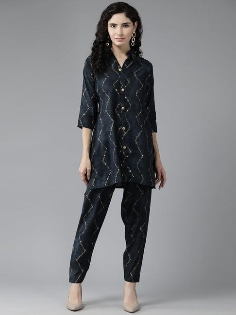 aarika navy printed kurti pant set