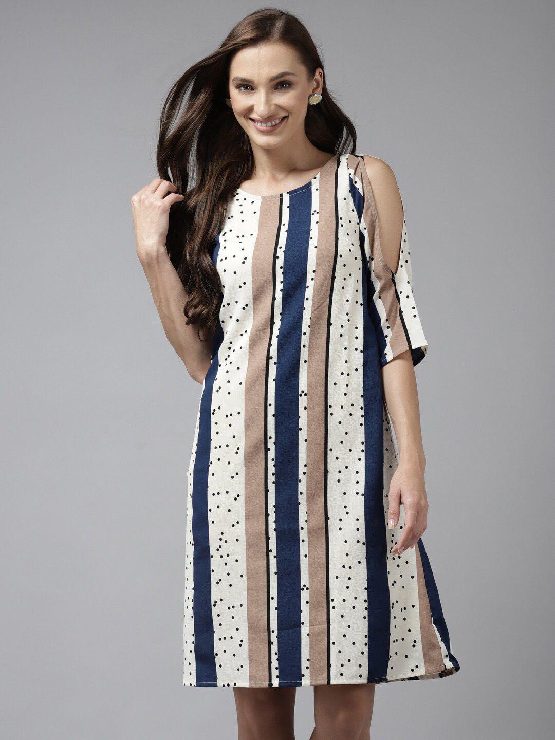 aarika off white & navy blue striped georgette a-line dress