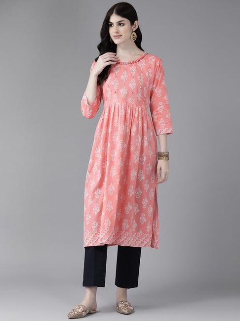 aarika peach cotton embroidered straight kurta