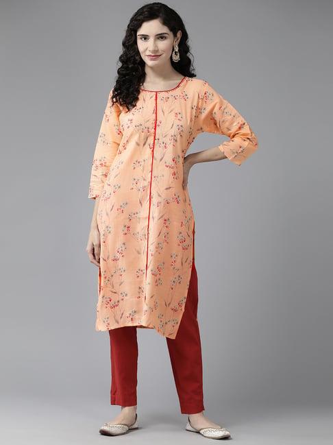 aarika peach floral print straight kurta