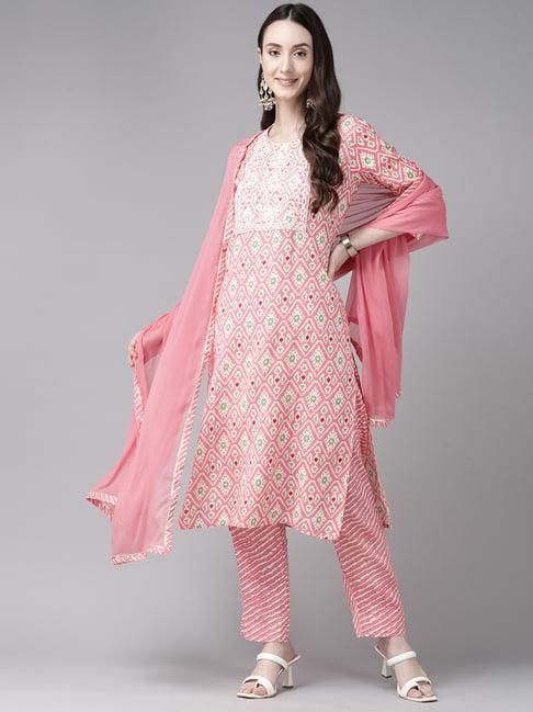 aarika pink cotton printed kurta pant set with dupatta