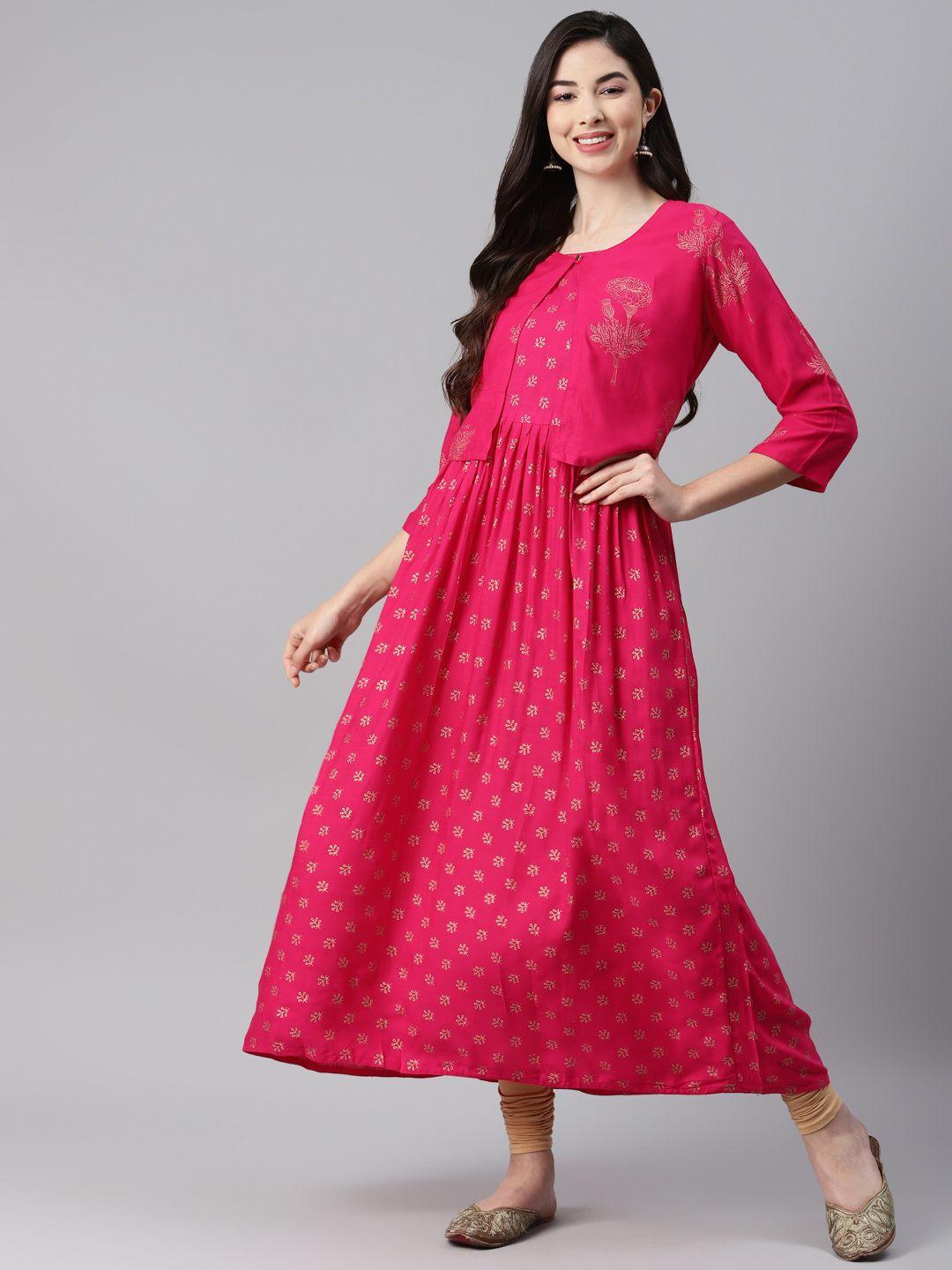 aarika pink ethnic motifs printed pure cotton anarkali kurti