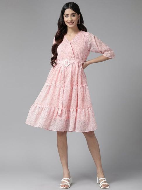 aarika pink printed a-line dress with belt